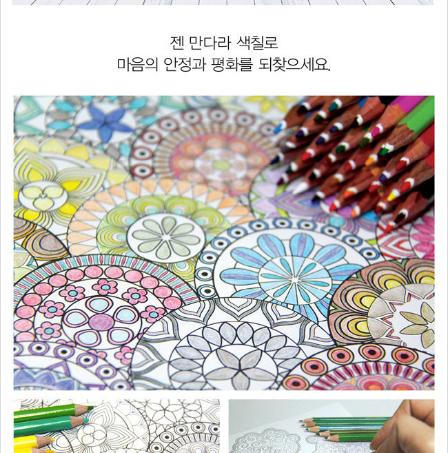 12 lápis de cor + 128 páginas Zen Mandalas Livro de colorir para adultos e crianças Alivia o estresse Mata o tempo Jardim secreto Livro de arte
