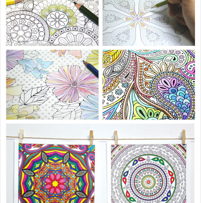 12 lápis de cor + 128 páginas Zen Mandalas Livro de colorir para adultos e crianças Alivia o estresse Mata o tempo Jardim secreto Livro de arte