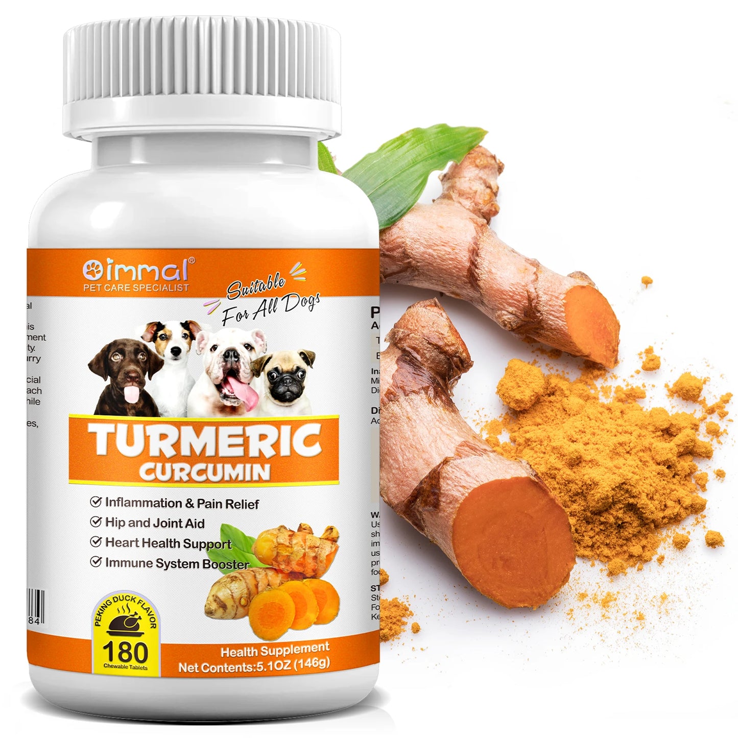 Cúrcuma Curcumina 180 Comprimidos Mastigáveis Suplementos Auxiliam Articulações e Quadris Saúde do Coração Alívio da Inflamação e Dor para Cães