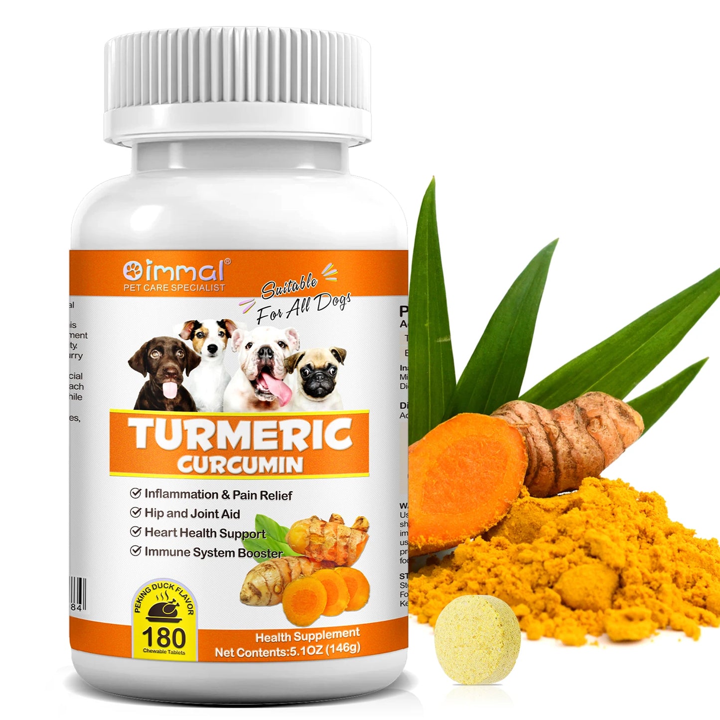 Cúrcuma Curcumina 180 Comprimidos Mastigáveis Suplementos Auxiliam Articulações e Quadris Saúde do Coração Alívio da Inflamação e Dor para Cães