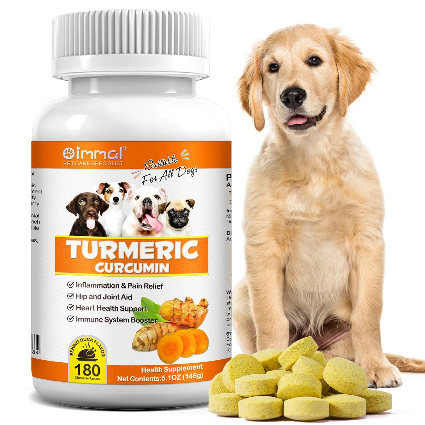 Cúrcuma Curcumina 180 Comprimidos Mastigáveis Suplementos Auxiliam Articulações e Quadris Saúde do Coração Alívio da Inflamação e Dor para Cães