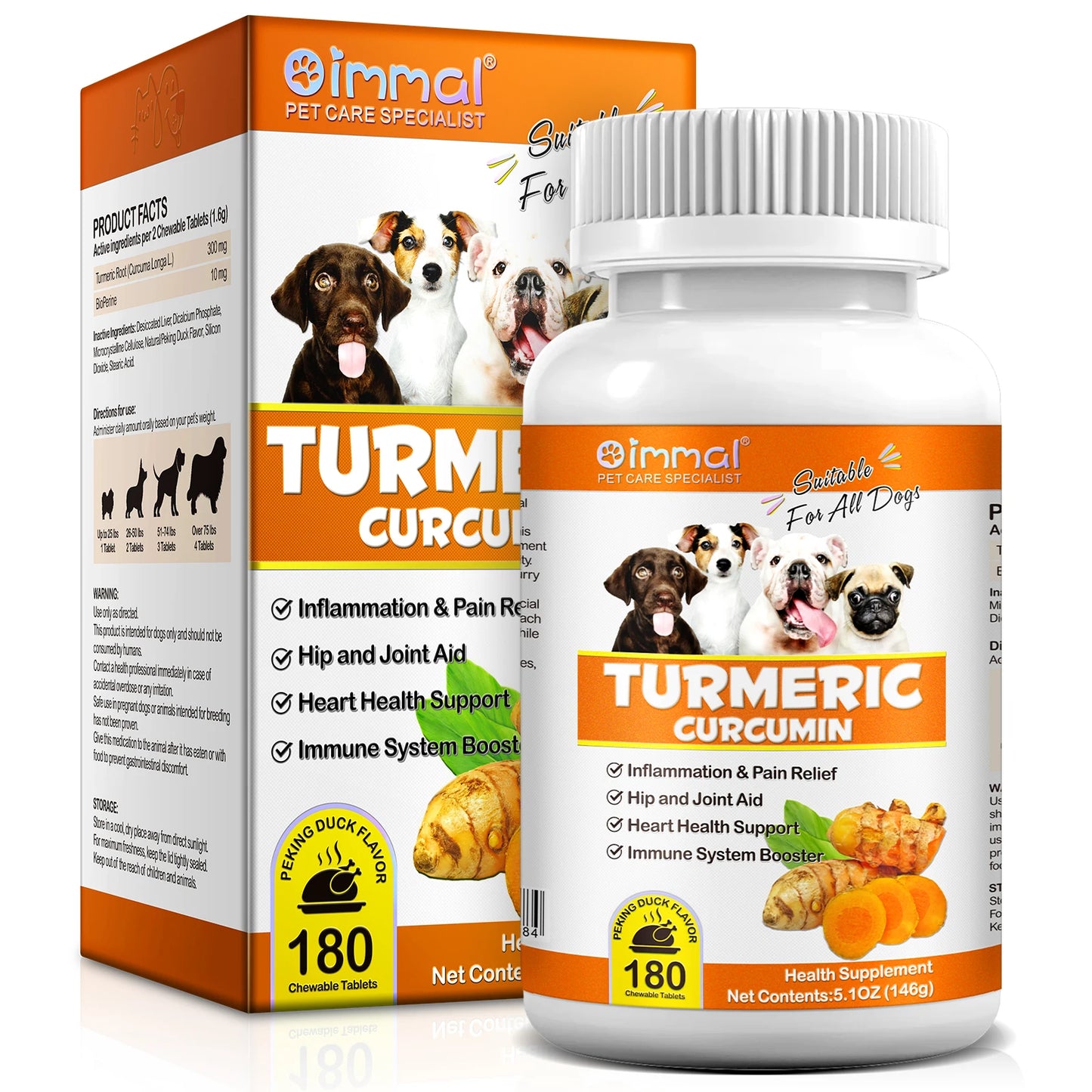 Cúrcuma Curcumina 180 Comprimidos Mastigáveis Suplementos Auxiliam Articulações e Quadris Saúde do Coração Alívio da Inflamação e Dor para Cães