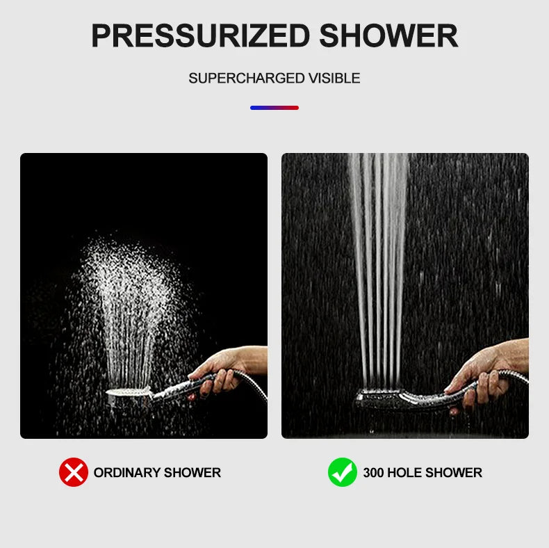 Chuveiro de alta pressão com 300 furos, economia de água e fluxo de chuva com bico pulverizador ABS cromado, acessórios quadrados para banheiro