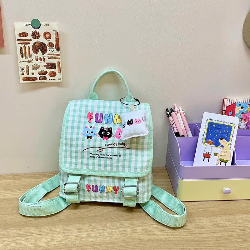 Mochila escolar de lona com estampa de desenho animado para meninas, mochila infantil estilosa e colorida com fecho de zíper