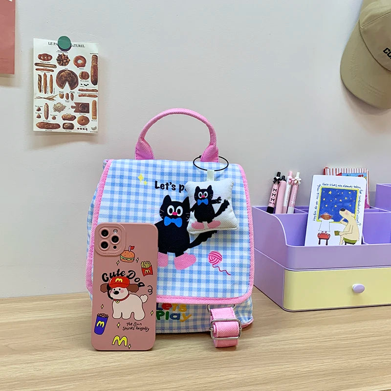 Mochila escolar de lona com estampa de desenho animado para meninas, mochila infantil estilosa e colorida com fecho de zíper