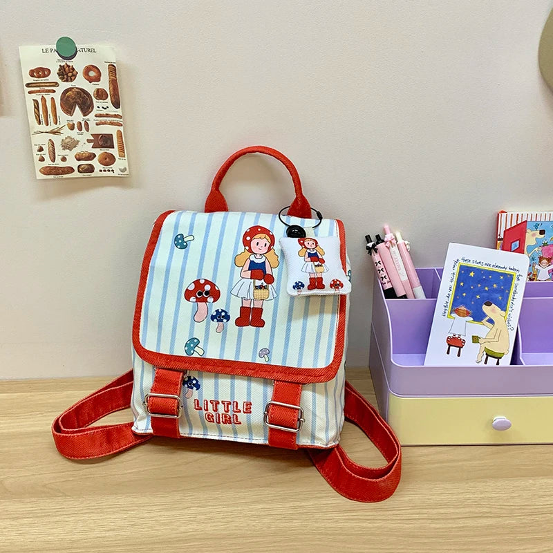 Mochila escolar de lona com estampa de desenho animado para meninas, mochila infantil estilosa e colorida com fecho de zíper
