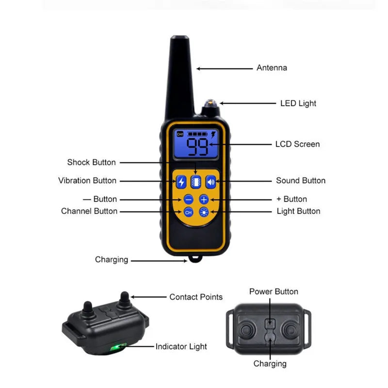 Coleira elétrica para treinamento de cães, antilatidos, à prova d'água, recarregável, controle remoto para animais de estimação, para todos os tamanhos, choque, vibração, som
