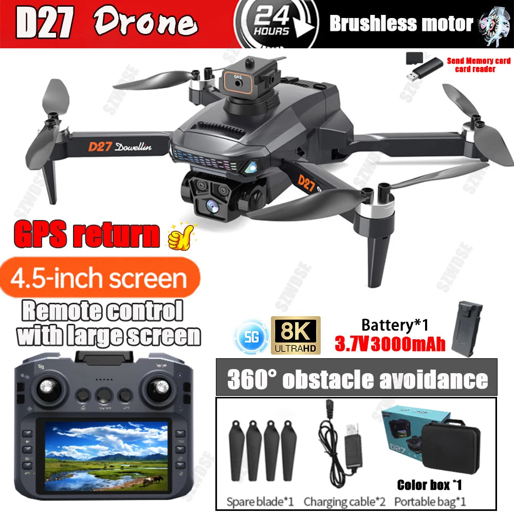 Novo drone D27 2025 com tela, controle remoto, câmera profissional 8k, fotografia aérea de quatro eixos, 5G, WIFI, GPS, FPV, drone RC 5000M