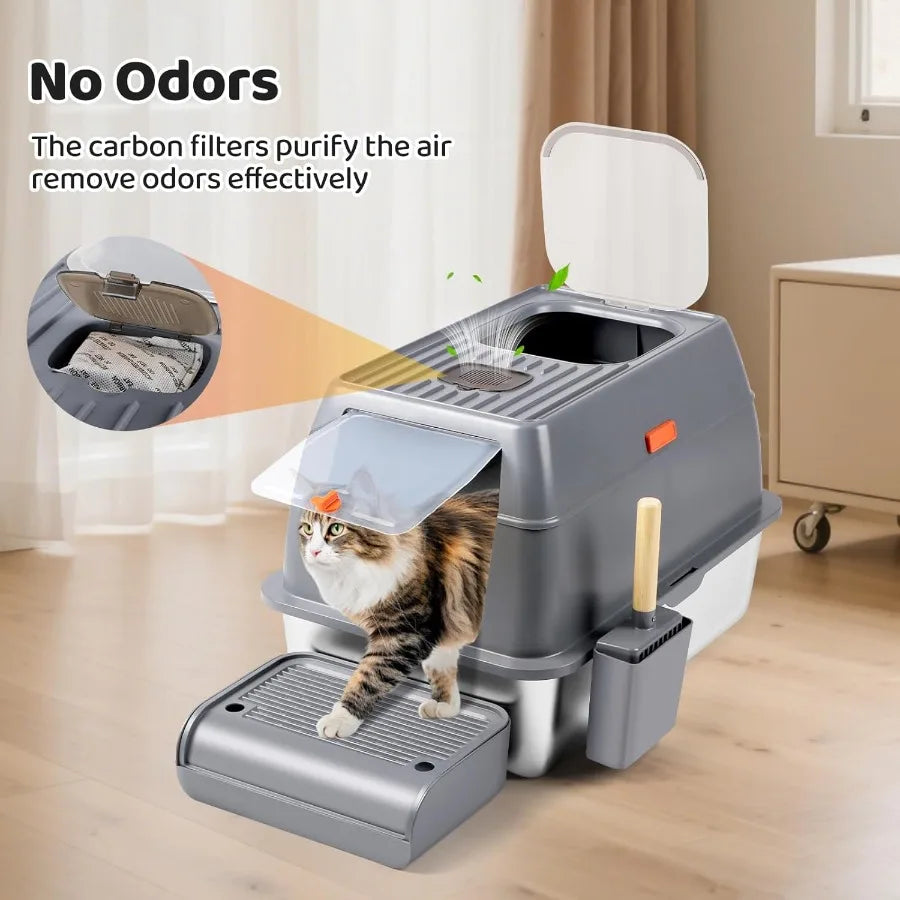 XXL Stainless Steel Enclosed Litter Box with Lid 23.6L x 15.7W x 15.7H for Large Cats High Sided Top Entry Design with Removabl