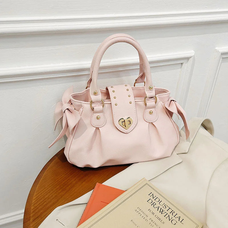 Bolsa de mão rosa com laço doce Lolita, bolsa feminina Harajuku Love Heart, bolsa transversal macia, bolsa de ombro feminina Kawaii de grande capacidade
