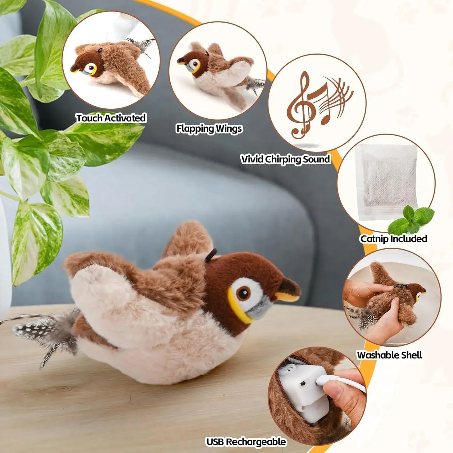 Brinquedos interativos para gatos, brinquedo de pelúcia recarregável para gatos, pássaro voador que canta e bate as asas (sem voar), pode adicionar catnip e brinquedo de pelúcia ativado por toque
