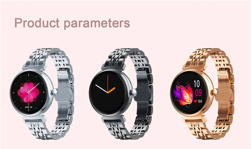 Relógio inteligente feminino moderno com tela AMOLED de 1,04 polegadas, tela sempre exibida, chamada Bluetooth, corpo de metal, tela pequena