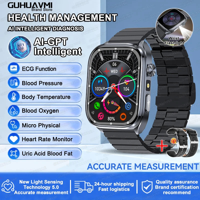Novo relógio inteligente masculino 2025, pressão arterial, saúde, oxigênio no sangue, ácido úrico, lipídios, rastreador de fitness, relógios Bluetooth, chamada, ECG, smartwatch
