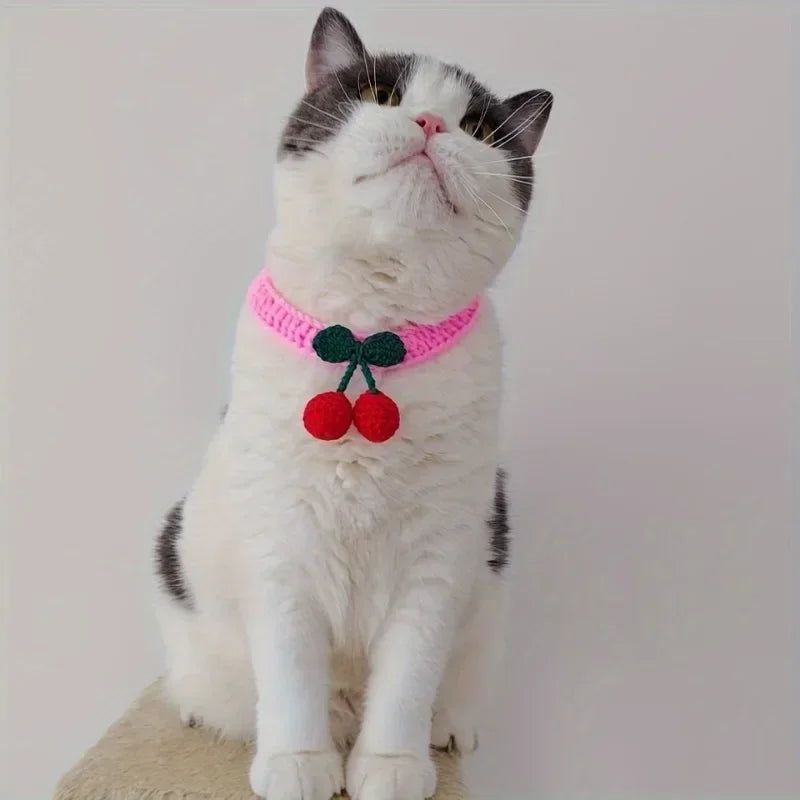 Pet Collar Handmade Knitted Cat Collar With Cherry Decor Cute Cat Necklace Cat Supplies ошейник для кошек para gatos accesorios