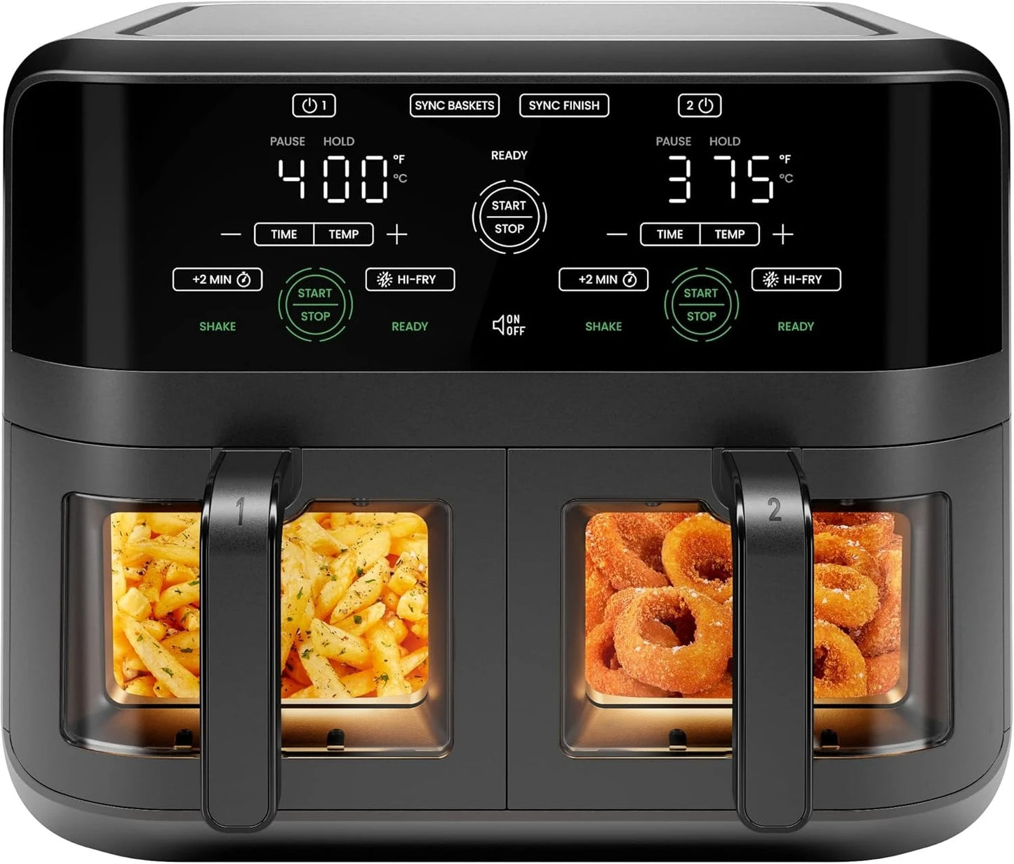 Forno Air Fryer de 6 litros com duas cestas e janelas de fácil visualização, acabamento sincronizado, alta fritura, desligamento automático, 2 fornos independentes antiaderentes de 3 litros