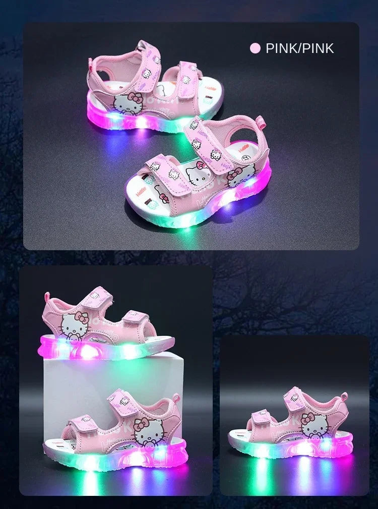 Sandálias infantis com luz LED para bebês meninas, sapatos casuais fofos da Hello Kitty para crianças, calçados antiderrapantes de praia para atividades ao ar livre, verão 2025
