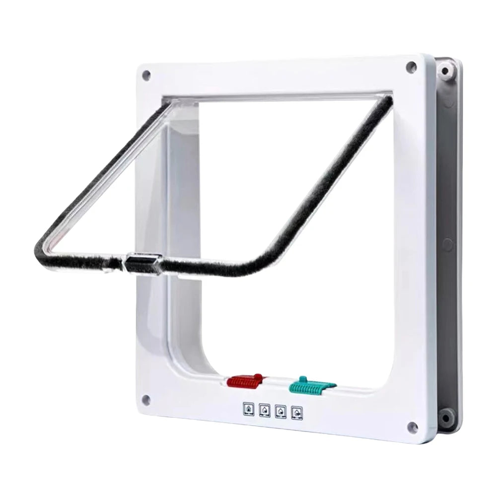 Portão pequeno de plástico ABS para animais de estimação com trava de segurança de 4 vias, porta fina transparente para gatos, porta deslizante para animais de estimação e aba para gatos à prova de intempéries