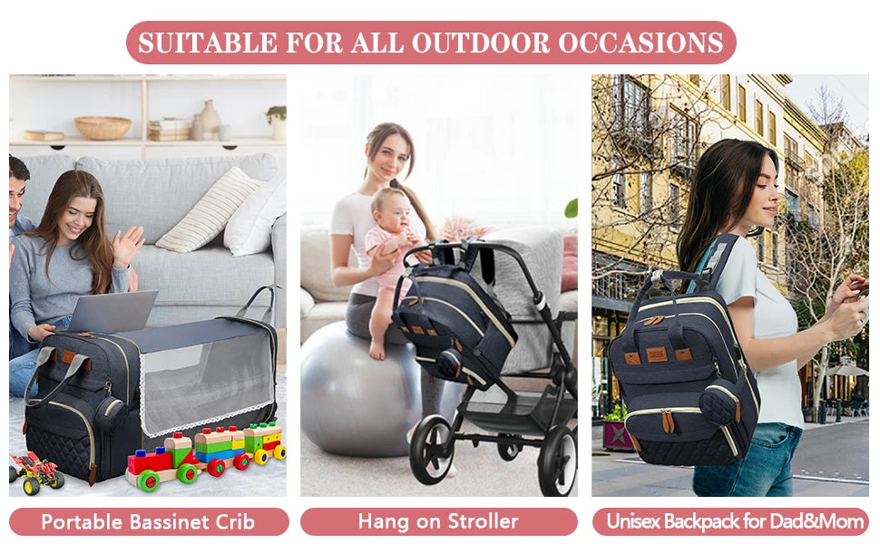 Mochila para fraldas 3 em 1, dobrável, para berço de bebê, à prova d'água, com carregador USB, mochila para fraldas e trocador, 3 tipos