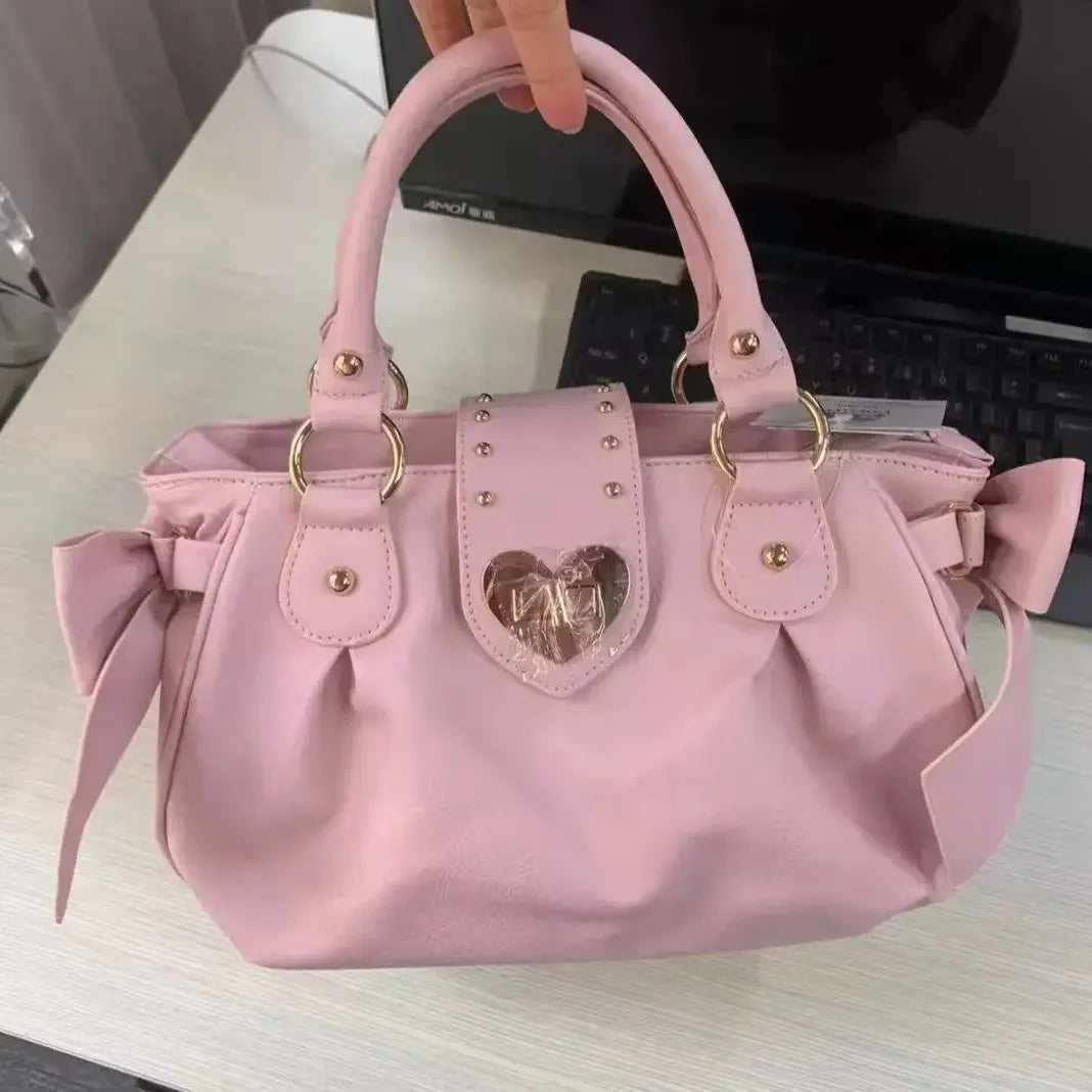 Bolsa de mão rosa com laço doce Lolita, bolsa feminina Harajuku Love Heart, bolsa transversal macia, bolsa de ombro feminina Kawaii de grande capacidade