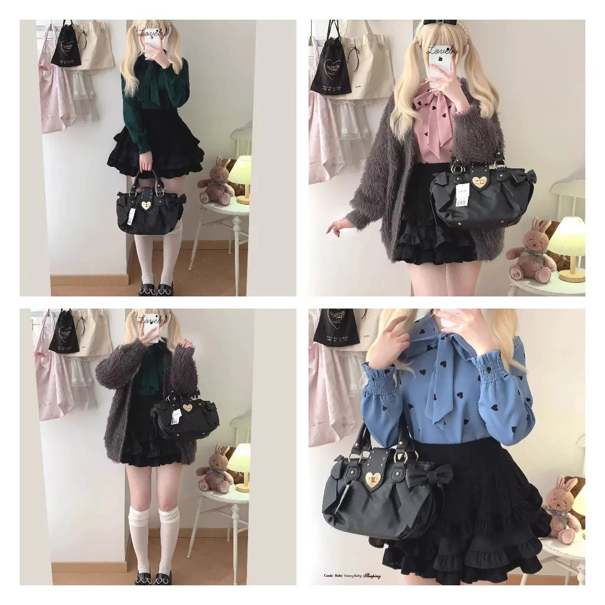 Bolsa de mão rosa com laço doce Lolita, bolsa feminina Harajuku Love Heart, bolsa transversal macia, bolsa de ombro feminina Kawaii de grande capacidade