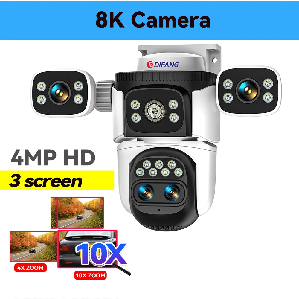Câmera de segurança externa 10K WiFi6 com três telas, 20MP CCTV, câmera IP externa com zoom de 10X, 8K e 15MP, câmera de vigilância por vídeo
