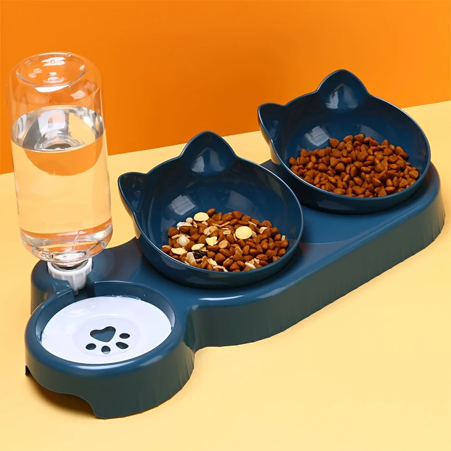 Tigelas para animais de estimação com alimentador de água, design 3 em 1 para orelhas, conjunto de tigelas de água e comida para gatos com garrafa de água por gravidade para proteção do pescoço