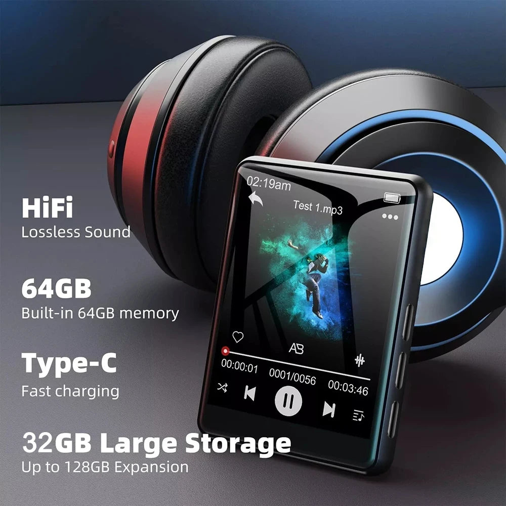 2025 Novo Bluetooth 5.4 Tela sensível ao toque MP3 Player HiFi Lossless Music Play Alto-falante integrado 32 GB Suporte para gravação de e-book