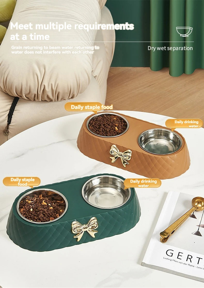 Tigela de comida para gatos com base de PP e laço, alimentador de gatos em aço inoxidável, tigela dupla para alimentação de cães e bebedouros, suprimentos para animais de estimação