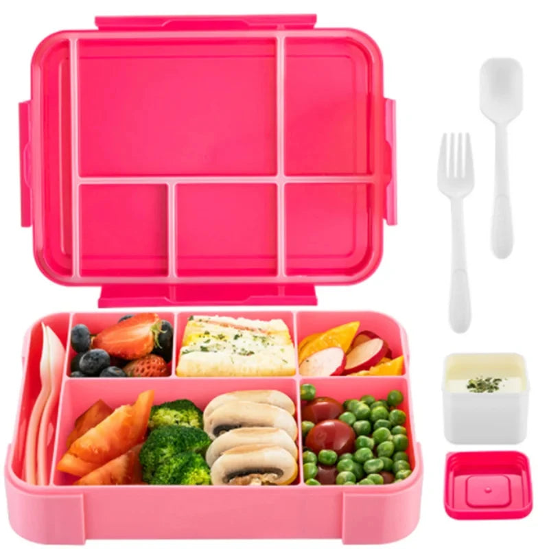 Lancheira Bento para adultos de 1330 ml, recipientes para alimentos com 6 compartimentos e utensílios de mesa para lanches, trabalho, escola, forno de micro-ondas, aquecimento