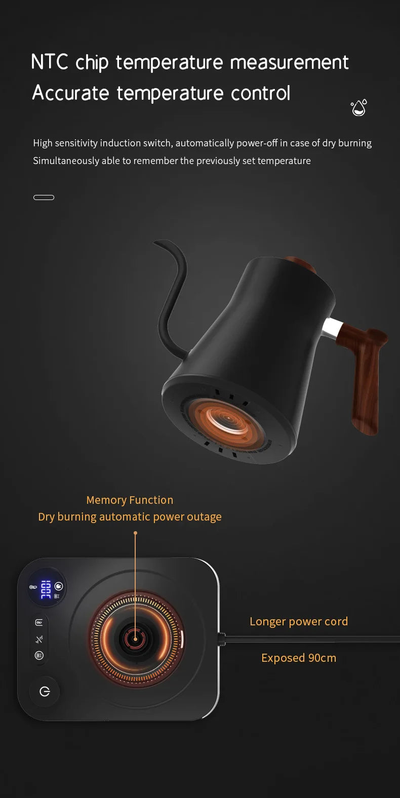 Chaleira elétrica de pescoço de ganso de 1200 W, chaleira para café, bule de chá com controle inteligente de temperatura constante, chaleira elétrica