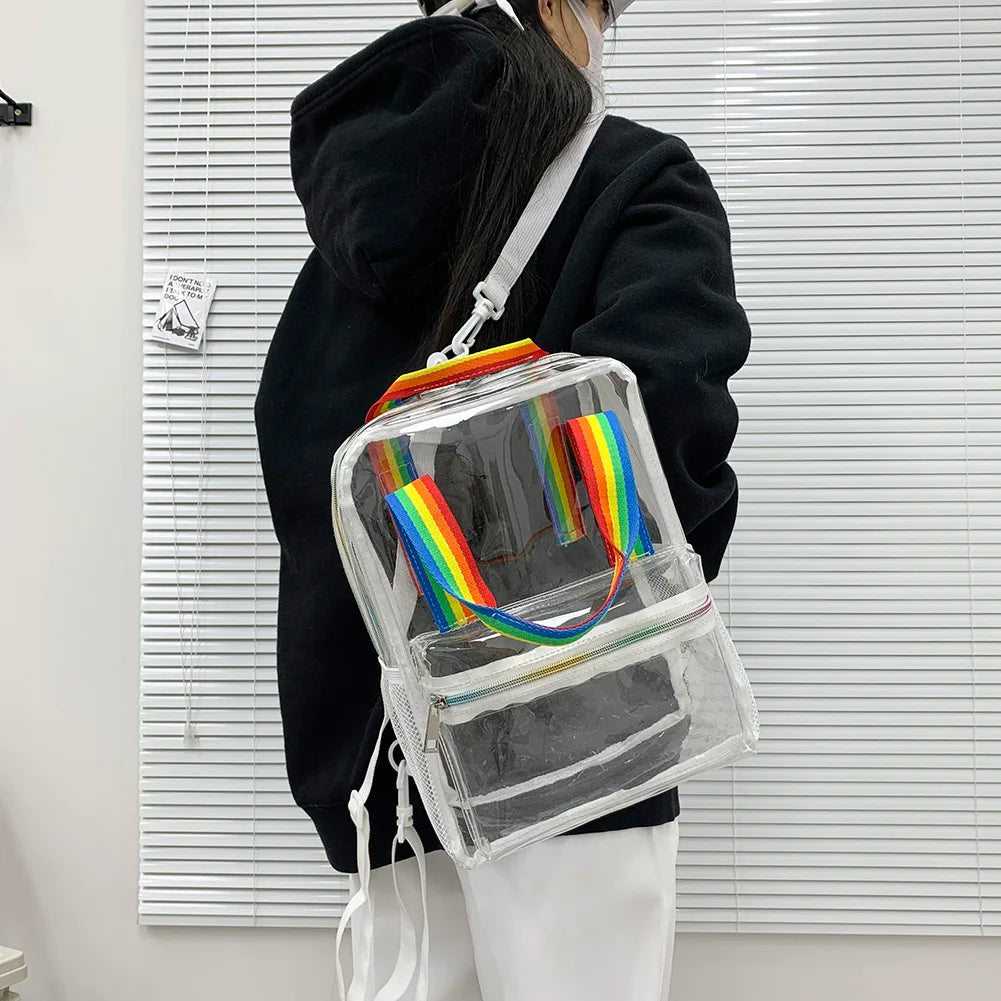 Mochila transparente de PVC para esportes ao ar livre, fitness, casual, viagem, visível, grande capacidade, à prova d'água, alça superior, mochila escolar