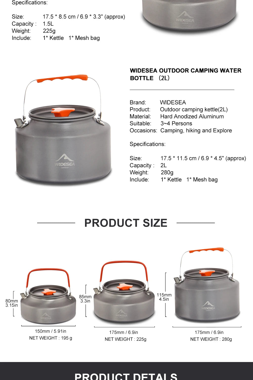 Chaleira de água Widesea 1,1L 2L 1,5L para acampamento, chaleira de café ao ar livre, utensílios de mesa, conjunto de piquenique, equipamentos, utensílios de cozinha para turismo
