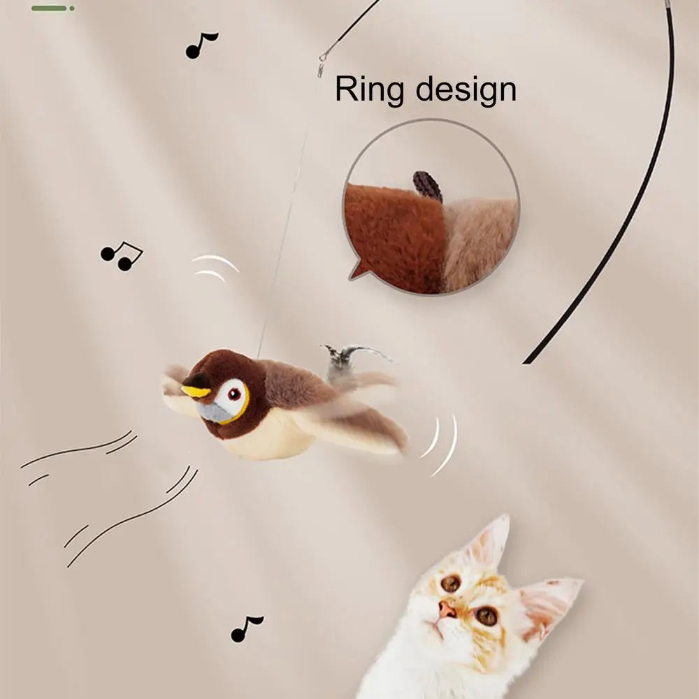 Brinquedo de pássaro cantando para gatos, brinquedo interativo de pássaro simulado, pardal, brinquedo de pássaro voador recarregável por USB para gatos domésticos