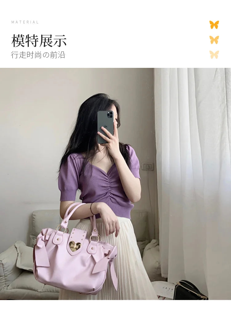 Bolsa de mão rosa com laço doce Lolita, bolsa feminina Harajuku Love Heart, bolsa transversal macia, bolsa de ombro feminina Kawaii de grande capacidade