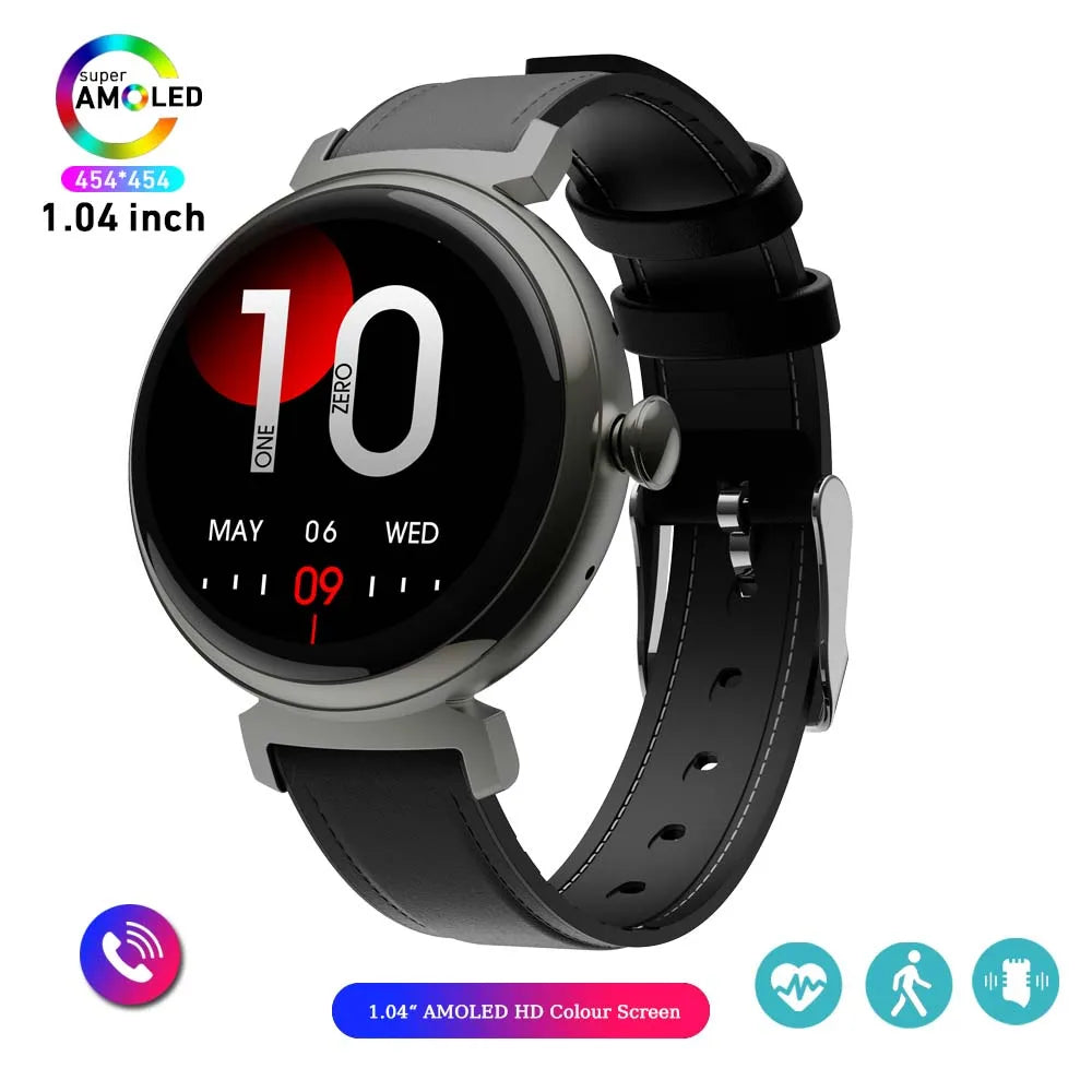 Relógio inteligente feminino moderno com tela AMOLED de 1,04 polegadas, tela sempre exibida, chamada Bluetooth, corpo de metal, tela pequena