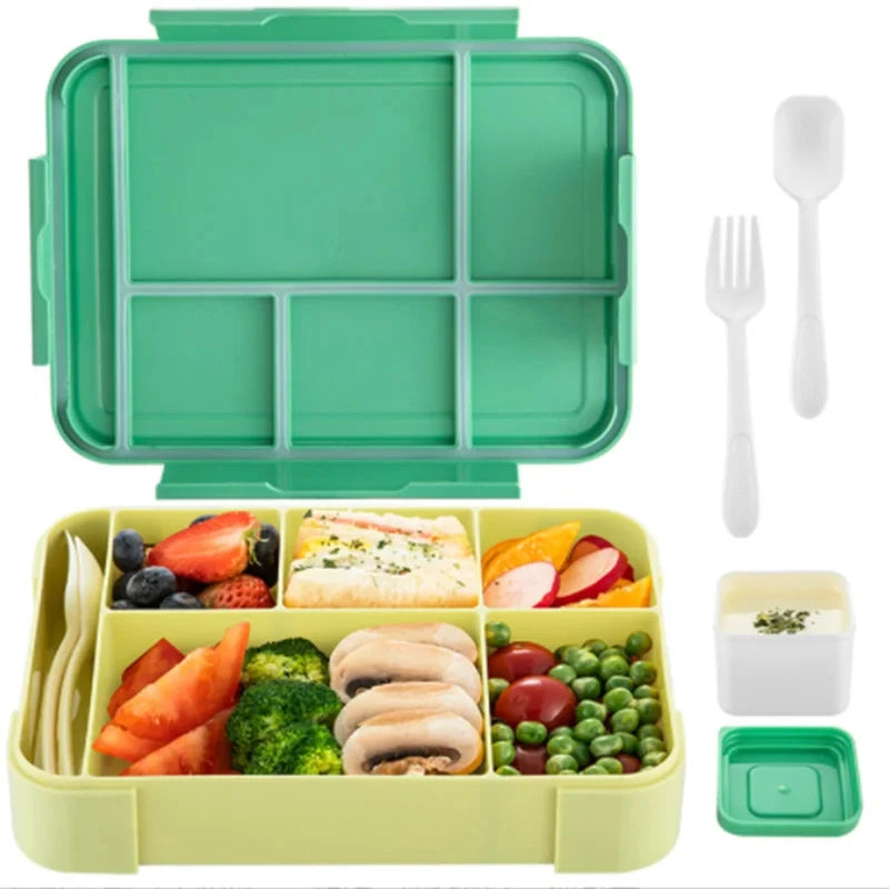 Lancheira Bento para adultos de 1330 ml, recipientes para alimentos com 6 compartimentos e utensílios de mesa para lanches, trabalho, escola, forno de micro-ondas, aquecimento