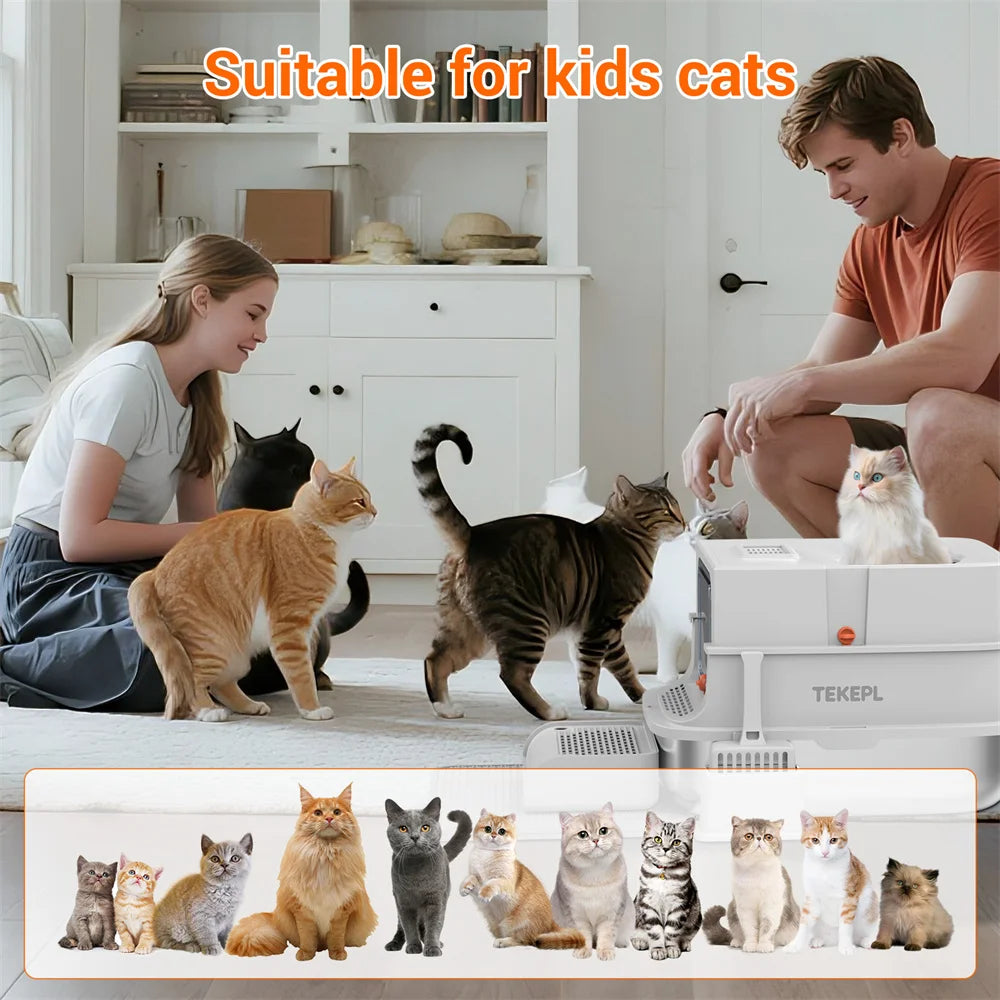Caixa de areia para gatos de aço inoxidável com tampa, caixa de areia de metal extra grande para gatos grandes, com laterais altas e pá, fácil de limpar
