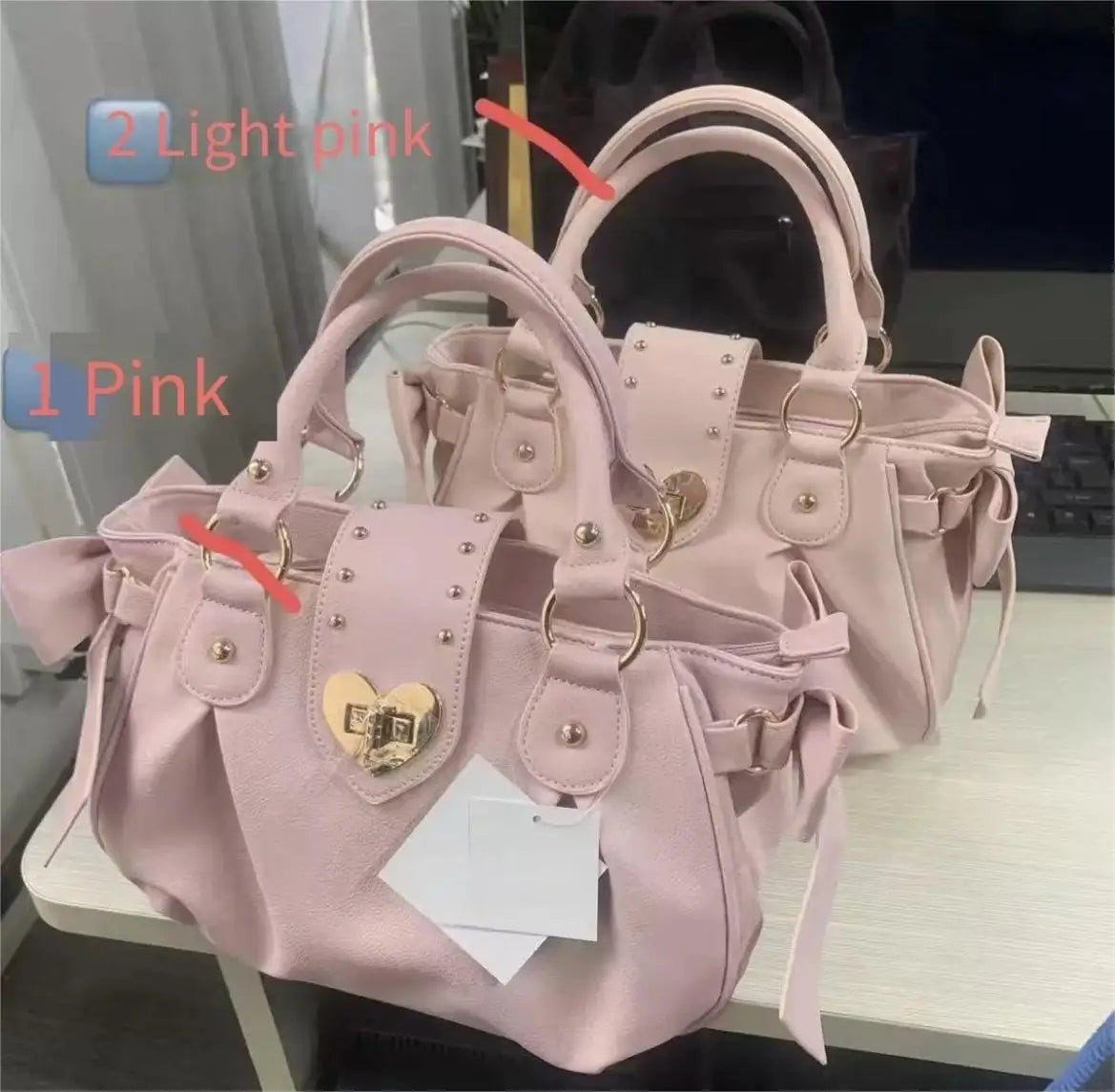 Bolsa de mão rosa com laço doce Lolita, bolsa feminina Harajuku Love Heart, bolsa transversal macia, bolsa de ombro feminina Kawaii de grande capacidade
