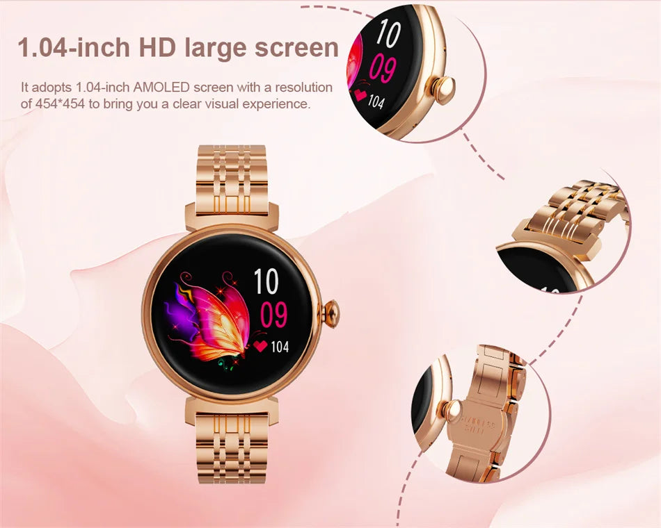Relógio inteligente feminino moderno com tela AMOLED de 1,04 polegadas, tela sempre exibida, chamada Bluetooth, corpo de metal, tela pequena