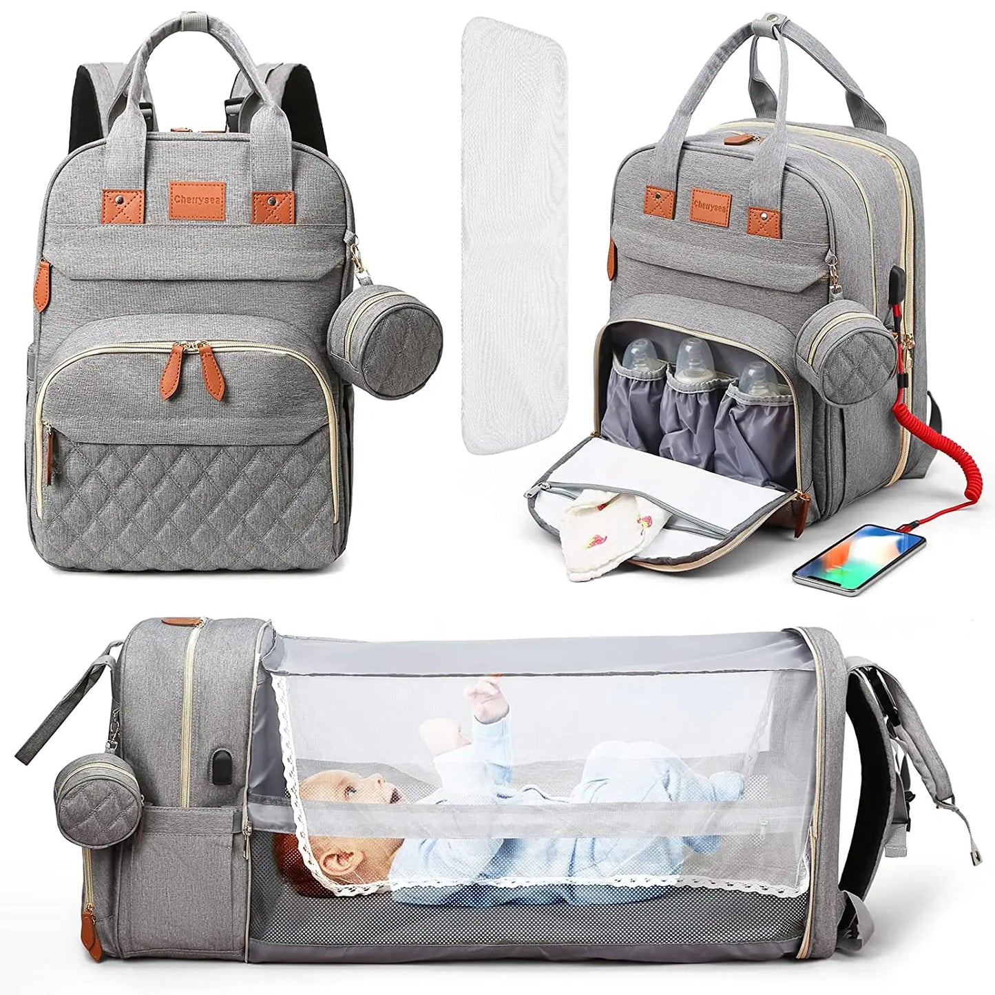 Mochila para fraldas 3 em 1, dobrável, para berço de bebê, à prova d'água, com carregador USB, mochila para fraldas e trocador, 3 tipos