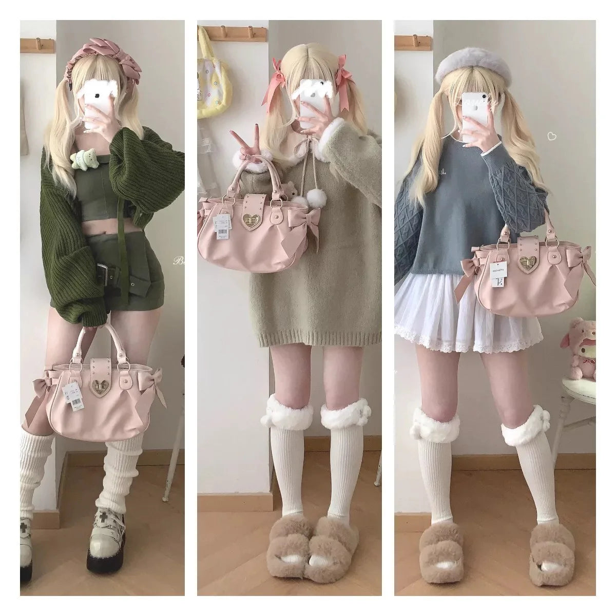 Bolsa de mão rosa com laço doce Lolita, bolsa feminina Harajuku Love Heart, bolsa transversal macia, bolsa de ombro feminina Kawaii de grande capacidade