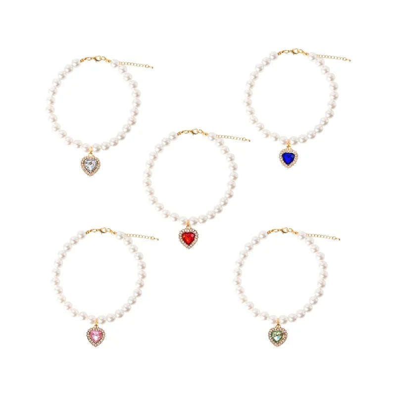 Pet Pearl Adjustable Collar Cat Jewelry Pendant Princess Gem Necklace Dog Sweet Decorations Puppy Rhinestone Collar Accesorios