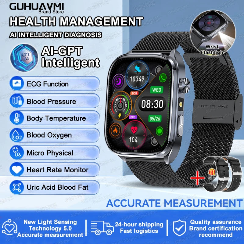 Novo relógio inteligente masculino 2025, pressão arterial, saúde, oxigênio no sangue, ácido úrico, lipídios, rastreador de fitness, relógios Bluetooth, chamada, ECG, smartwatch