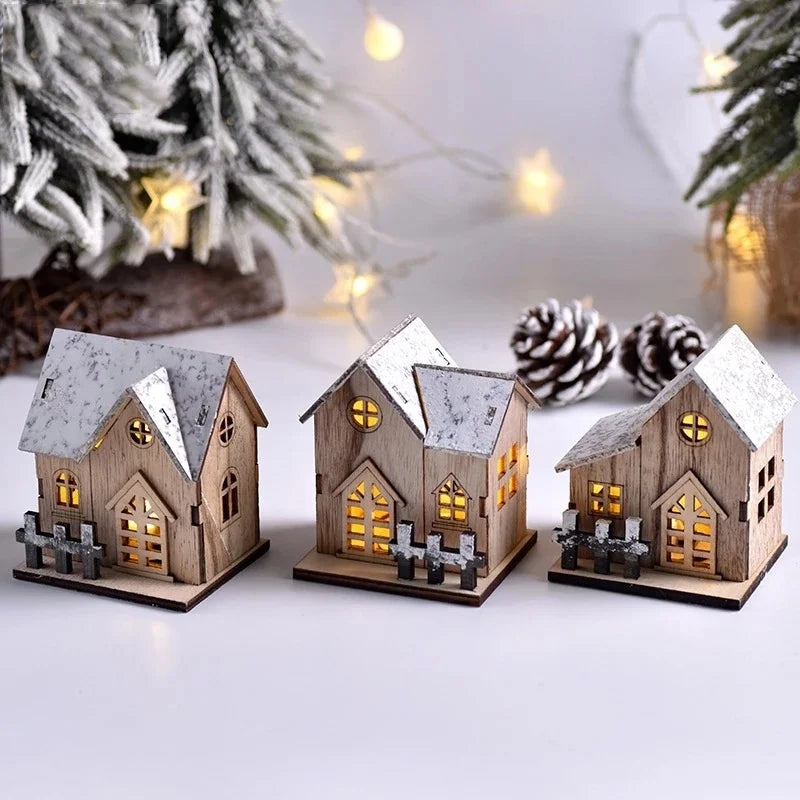 Cabana de madeira com luzes LED, enfeites de Natal, decorações de Natal para a família, cabana de Natal, presentes para crianças