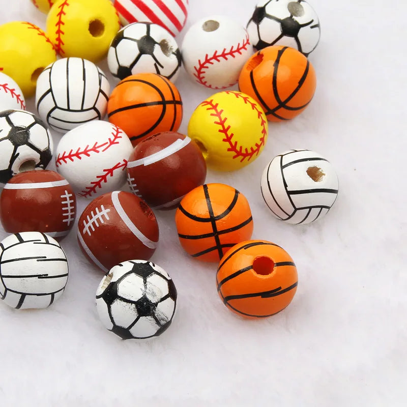 10 peças de contas espaçadoras de beisebol de basquete de 16 mm, bolas redondas de madeira para fazer pulseiras e colares, suprimentos para joias faça você mesmo