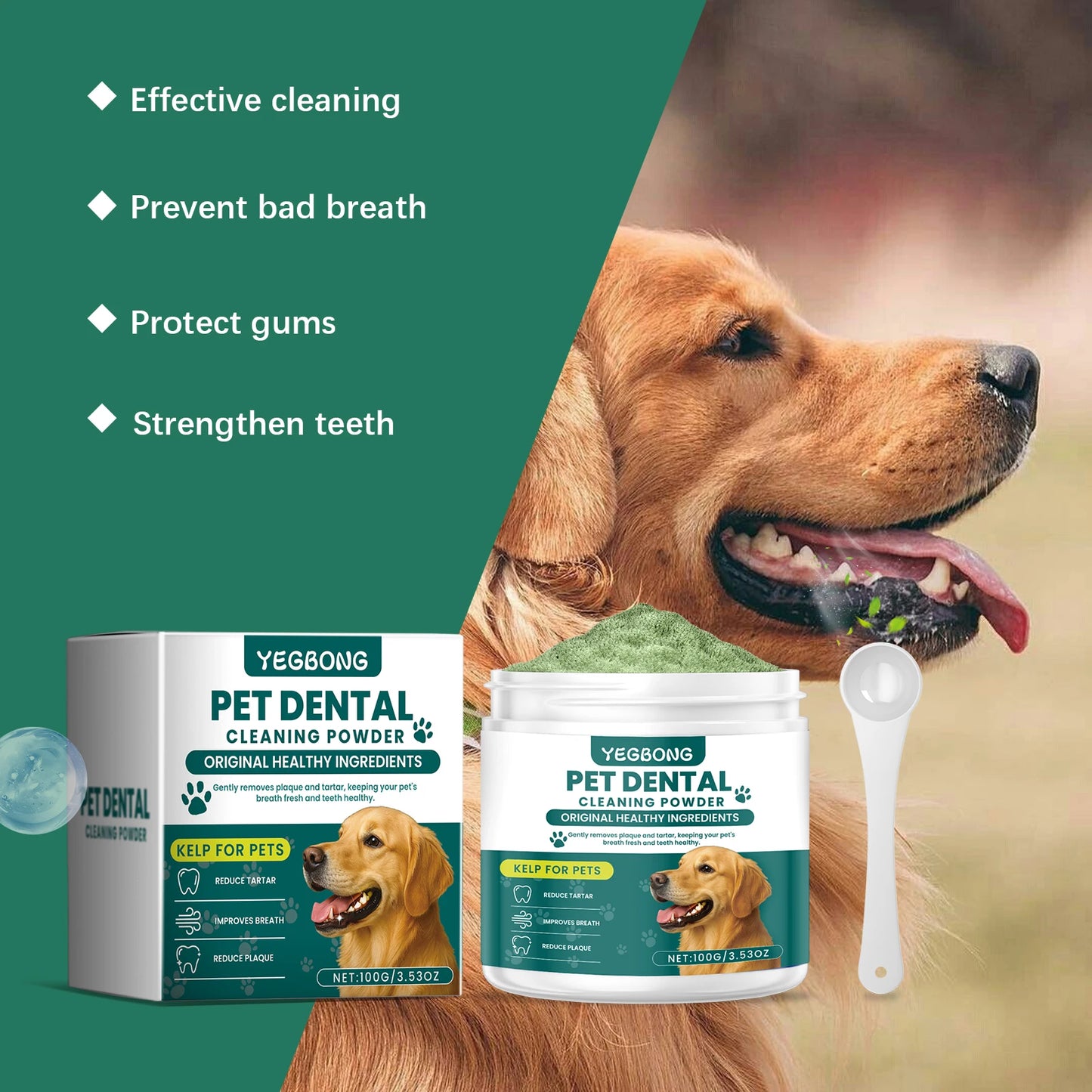 Pó de limpeza para dentes de animais de estimação para cães, reduz tártaro e cálculo, protege a saúde da gengiva do cão e refresca o hálito. Produtos de limpeza para cães