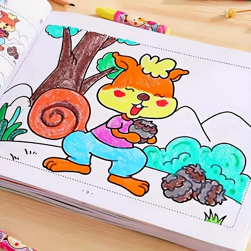 Livro de colorir e rabiscos criativos de 48 páginas, caderno interativo para aprendizagem precoce com animais de desenho animado coloridos, caderno fofo