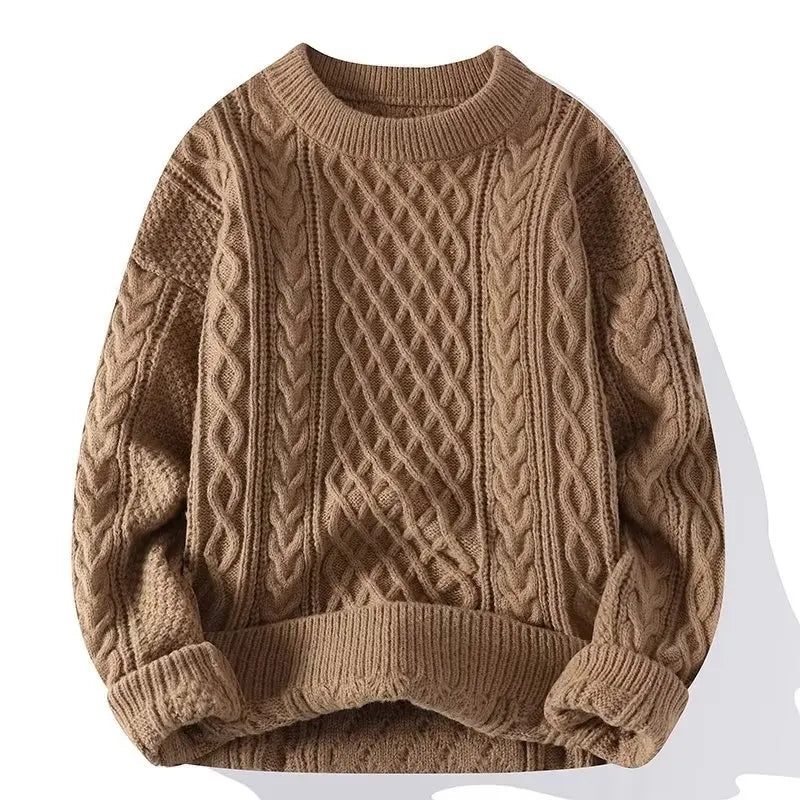 Suéter grosso de inverno masculino com gola redonda e pulôver de malha, cor sólida, manga comprida, casual, casaco quente para o dia a dia