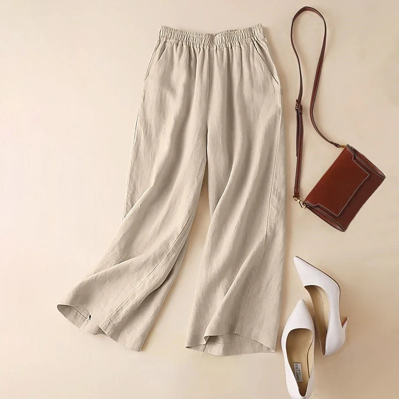 Calças femininas ZANZEA de verão com pernas largas, de algodão, para primavera, soltas, com cintura elástica, estilo palazzo, da moda 2023, lisas, casuais, compridas