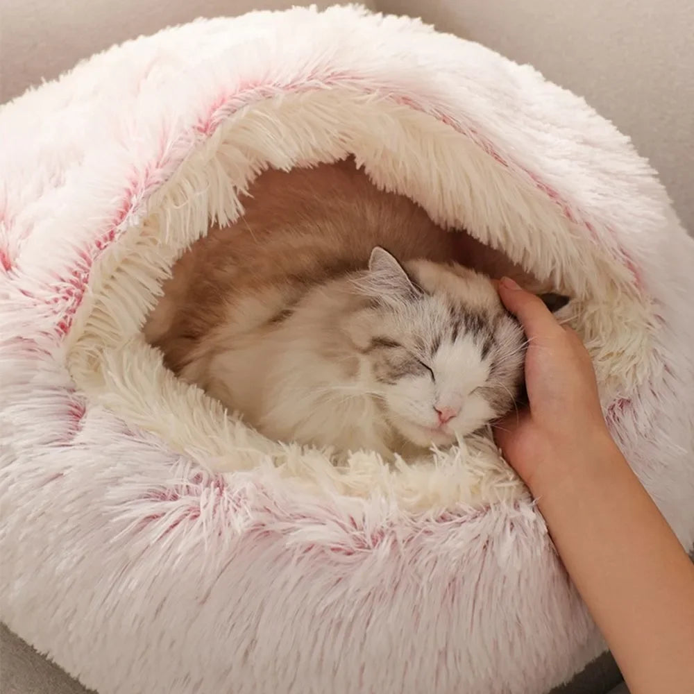 Cama de pelúcia longa e macia para animais de estimação, fechada, redonda, almofada para gatos, confortável, saco de dormir, ninho para gatos, canil para pequenos animais de estimação